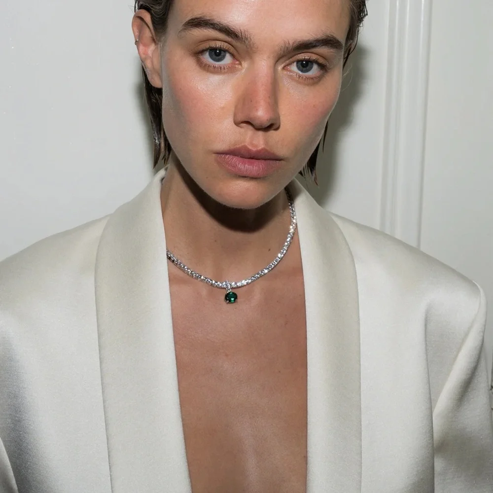 KATE RIVIÈRE NECKLACE IN 3.75MM LAB WHITE SAPPHIRE 16in with emerald pendant - Picture 5 of 10
